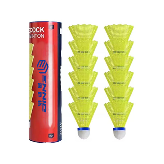 Fluorescent yellow badminton shuttlecock with cork base for stable training use