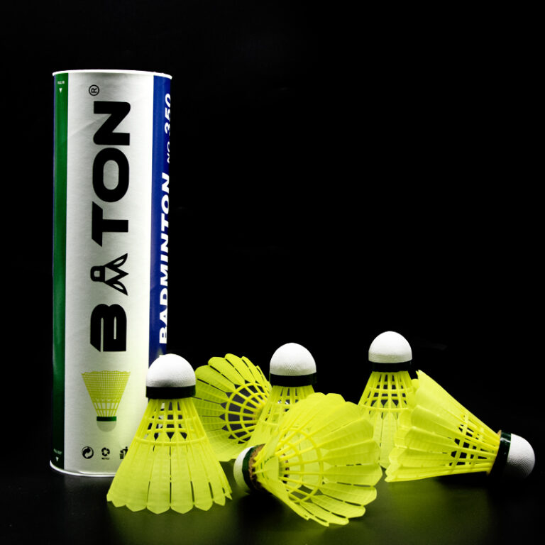 Yellow nylon badminton shuttlecock similar to Mavis 350 for training use