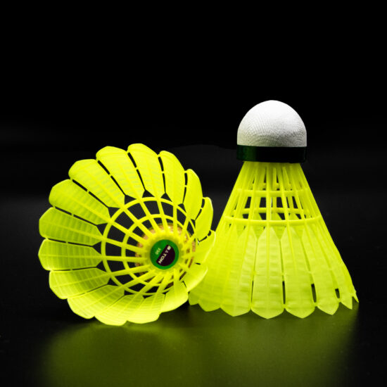 Yellow nylon badminton shuttlecock similar to Mavis 350 for training use