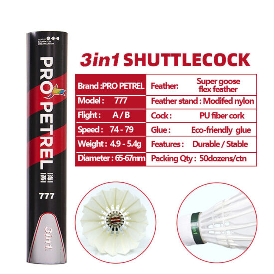 Pro Petrel 777 Durable Duck Feather Shuttlecocks – 12pcs Training Pack