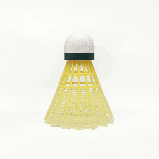 Yellow plastic badminton shuttlecocks with leaf-style skirt